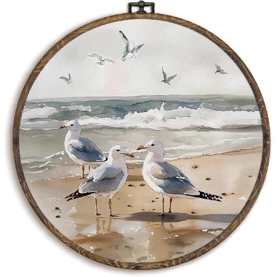 KFXHANGD Vintage Seashell Round Wall Art Framed, Coastal Shell Canvas Wall Art Decor, Coastal Sea Shells Hanging Decor for Bathroom Bedroom,