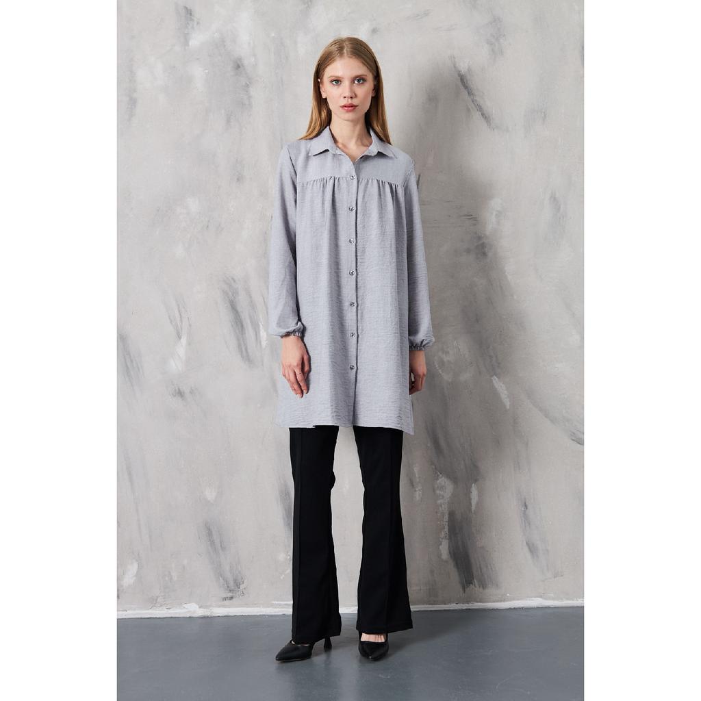 Women's Imported Linen Tunic Shirt With Gathered Front And Elastic Sleeves