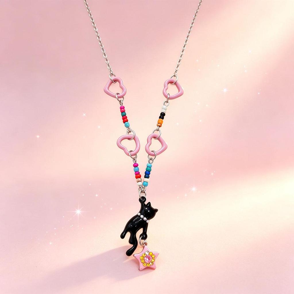 Cat Stealing Stars Pink Star Beaded Fashion Necklace Women Summer Dopamine Y2K Hot Girl Style Collarbone Chain Neck Chain