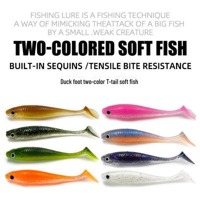 Two-Color Bionic Duck Foot T-Tail Soft Lure for Freshwater and Sea Fishing - Ideal for Perch, Mandarin, Black Fish with Upturned Mouth.