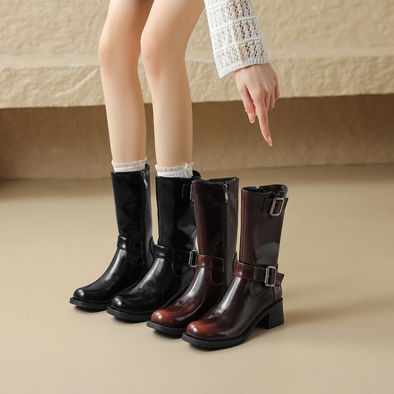 Fashion 2024 Autumn Women Boots round Toe Chunky Heels Mid-calf Boots Women Shoes Genuine Leather Western Boots Knight Boots Winter