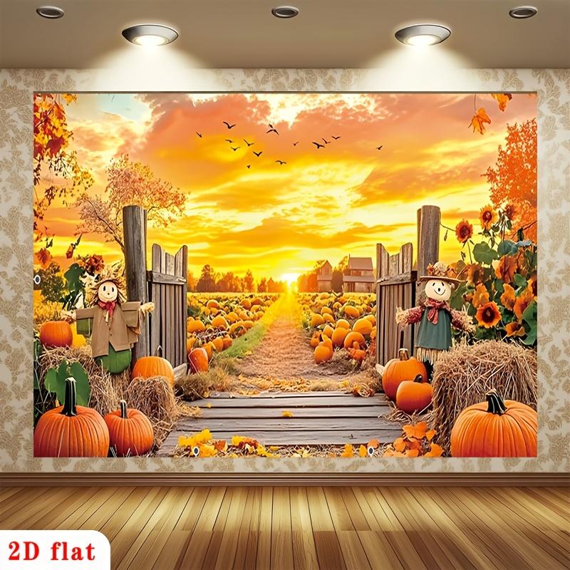 2D plane, 1 scene of the entrance of the autumn pumpkin field: warm sunset, scarecrow, wooden door, fallen leaves