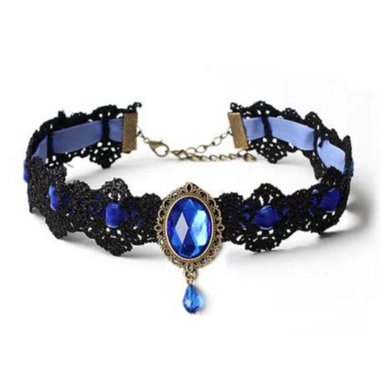 Vintage krajkový náhrdelník Gotický choker s oválným umělým drahokamem Dámský krajkový choker pro Cosplay Denní nošení Kostýmové večírky