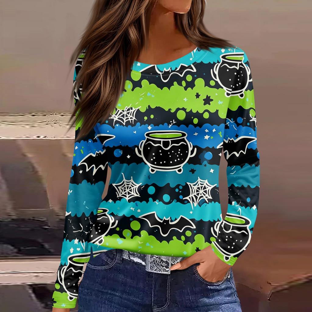 Women's Fashion Long Sleeve Neck Top with Hem Slit Halloween Print for Party