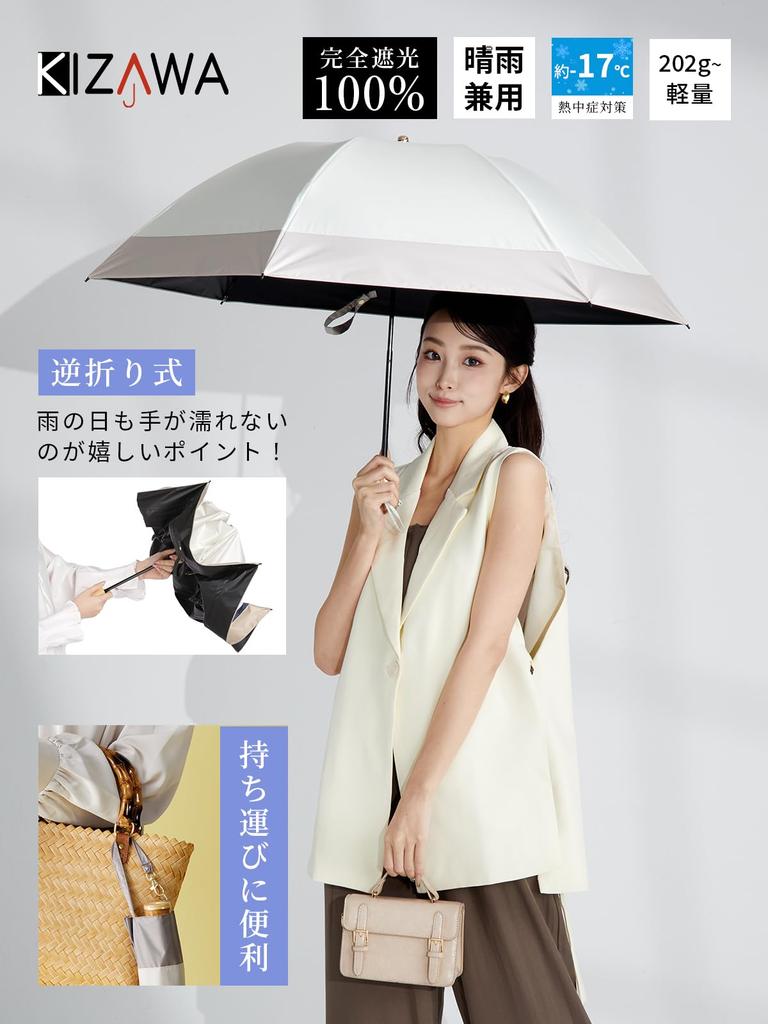 KIZAWA Folding Reverse 55cm UV Light Suitable for Sun and Level 5 Water Full Light Heat Inverted Bamboo Handle Parasol, Fold, Lightweight, Compact,