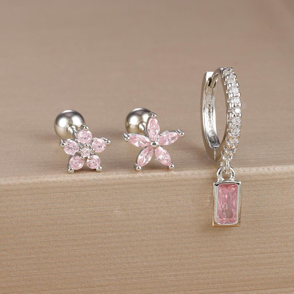 

3pcs Stainless Steel Square Pink Zirconia Earrings Set For Women Small Helix Screw Cartilage Piercing Party Jewelry Accessories