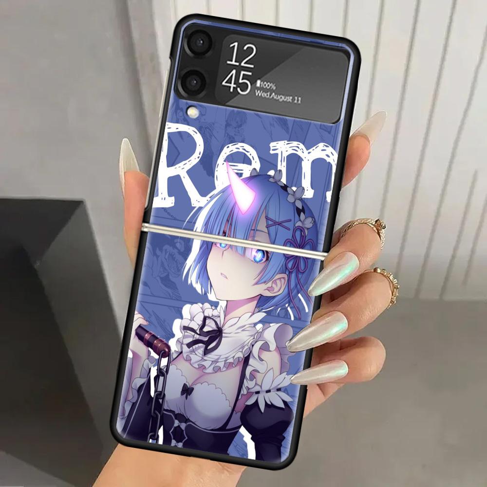 R-Rem Re Zero Anime Hard PC Phone Case For Samsung Galaxy Z Flip 7 6 5 4 3 Black ZFlip7 ZFlip6 Flip5 Flip4 Flip3 5G Print Cover