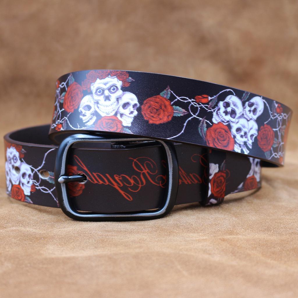 Real Cowhide Retro Skull Rose Graffiti Printed Belt, Personalized Retro Belt, American Japanese and Korean Style