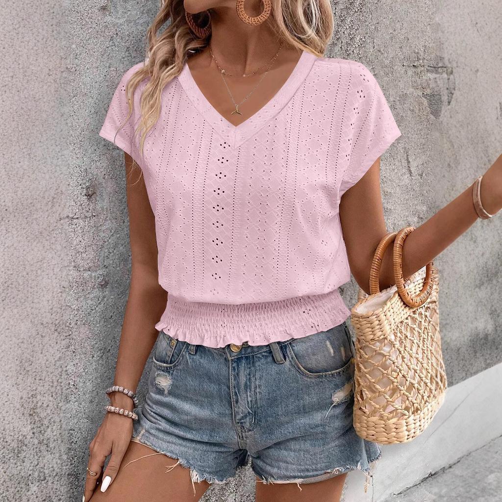 V-neck Jacquard Hollow Short Sleeve Fashion Casual Tops Women’s