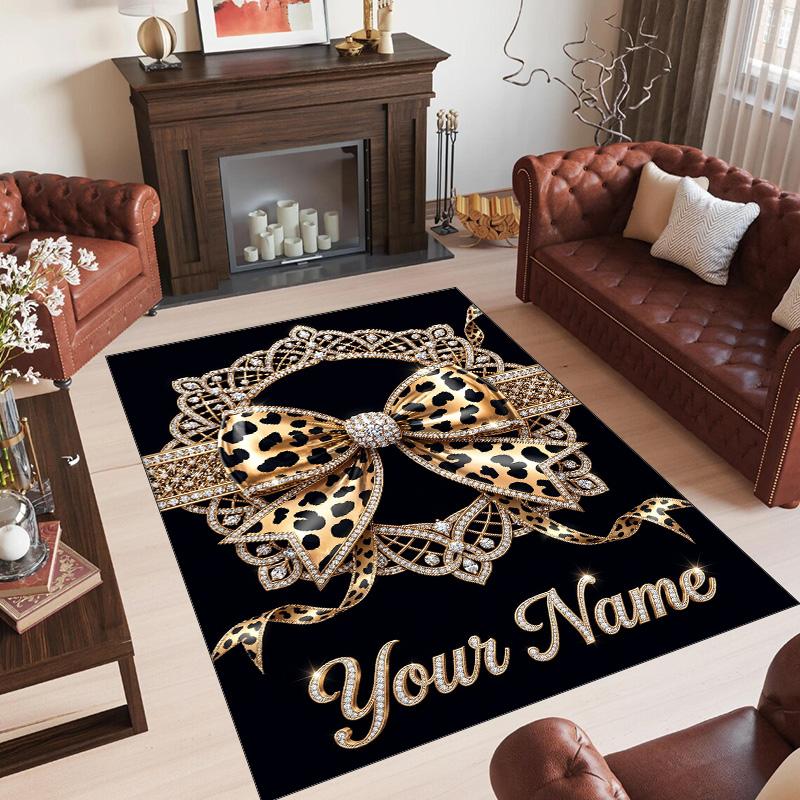 Leopard Theme Crystal Velvet Floor Rug Personalized Custom Name Text Warm Carpet Home Decoration
