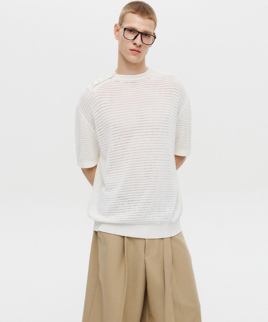 DNSR Side Button Henley Neck Half Knit White