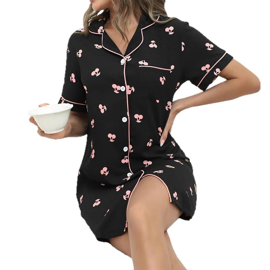 Summer Women's Cute Cherry Print Sexy Pajama Set Nightgown