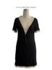 V Neck Lace Trim Patchwork Solid Color Short Sleeve Long Slim Fit Flattering Bodycon Dress Versatile Mature Style Retro Sexy Elegant Women Dress