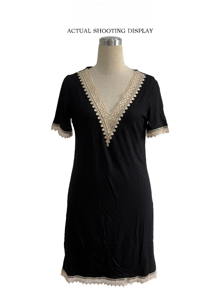 V Neck Lace Trim Patchwork Solid Color Short Sleeve Long Slim Fit Flattering Bodycon Dress Versatile Mature Style Retro Sexy Elegant Women Dress