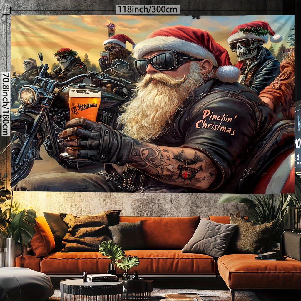 VIKAMA Santa Claus Rock Motorcycle Band Print Tapestry Whimsical Wall Hanging for Bedroom Living Room Dorm Home Wall Art Decor