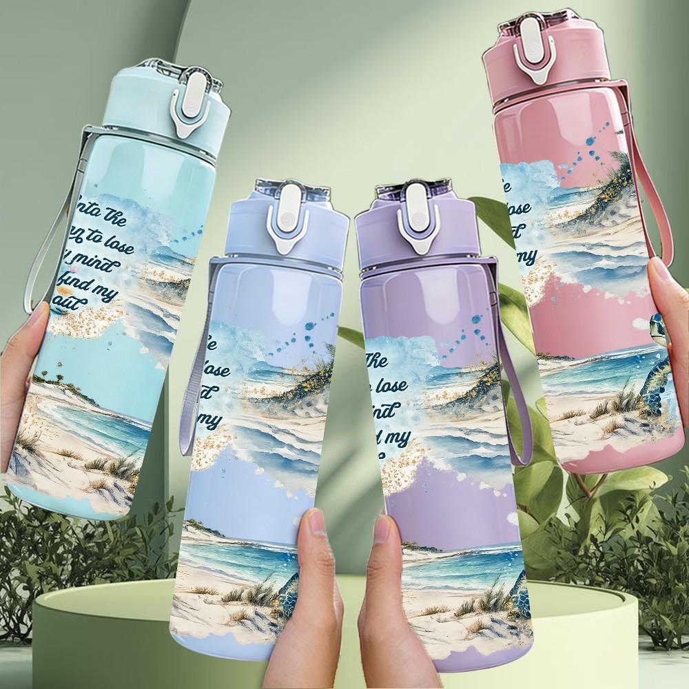 1PC Ocean Wave Sea Bird Beach Art Print 750ml Color Plastic Sports Water Bottle Leakproof Flip Straw Lid Suitable for Sports Office Home Use