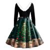 Women's Fashion Round Casual Slim Fit Christmas Print Large Swing Long Sleeve Dress
