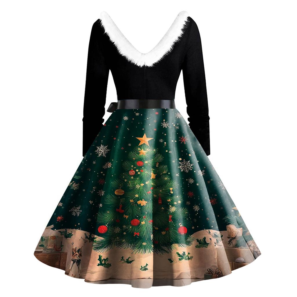 Women's Fashion Round Casual Slim Fit Christmas Print Large Swing Long Sleeve Dress