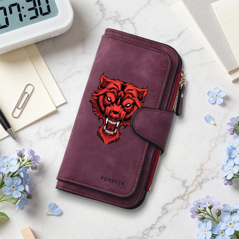 Men's Cool Wolf Pattern Long Wallet Multi Card Slots Fashion Casual Portable Durable Zipper Purse
