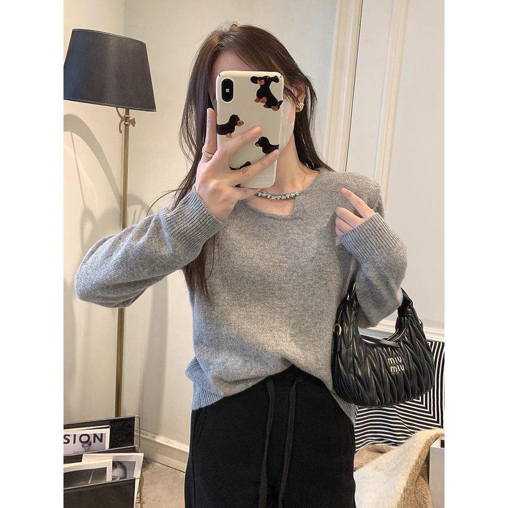 

French Wool Hollowed-Out Knit Sweater: Casual, Slimming Long-Sleeve Winter Pullover One Size чорний