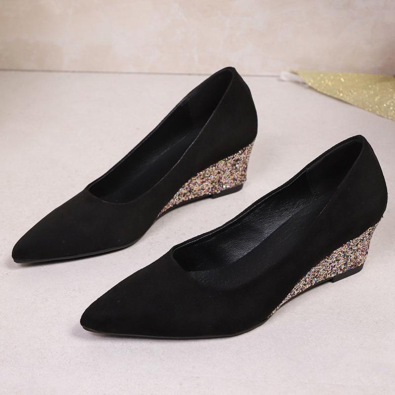 Wedge Heel Single Shoes New Spring and Summer Leopard Print Pointed Head Comfortable Shallow Mouth Square Buckle Rhinestone Shoes