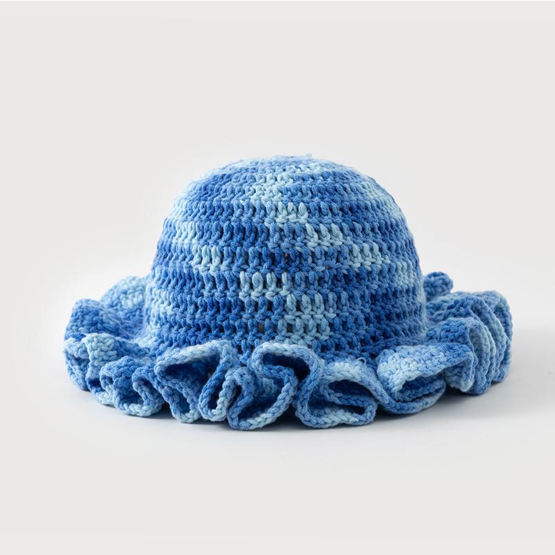 New Colorful Crochet Ruffle Brim Knit Bucket Hats Winter Woman Handmade Stretch Fisherman Cap Outdoor Warm Windproof Beanie Hat
