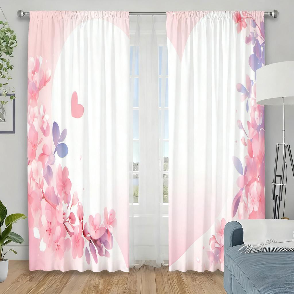 2pcs Pink and Purple Heart-shaped Floral Curtains   Gentle and Romantic Bedroom and Living Room   Decorative with Drawbar Pockets