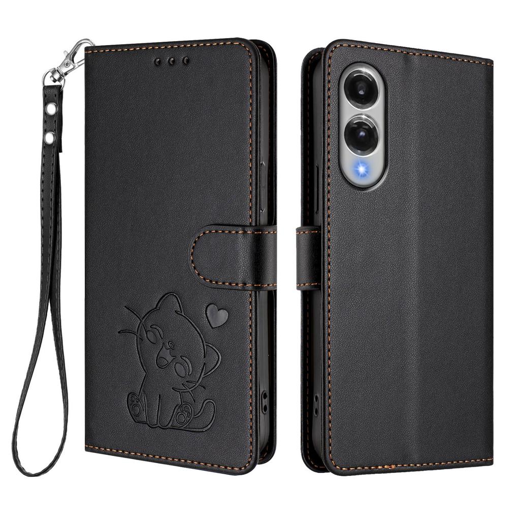 Für Samsung Galaxy S25 Edge Brieftasche Hülle mit Handschlaufe Love Cat Muster Prägung Leder Handyhülle