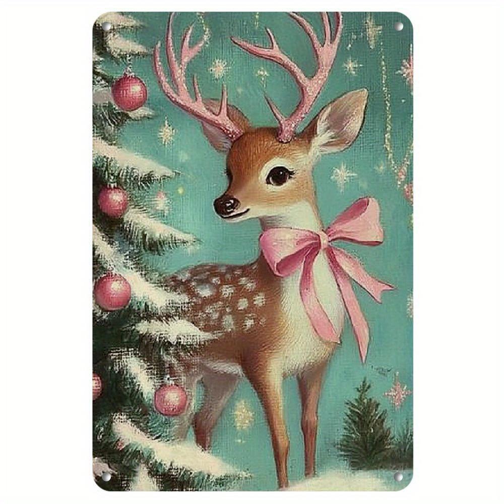 Pink Christmas Santa Deer Metal Sign for Wall Home Decor Holiday Plaque