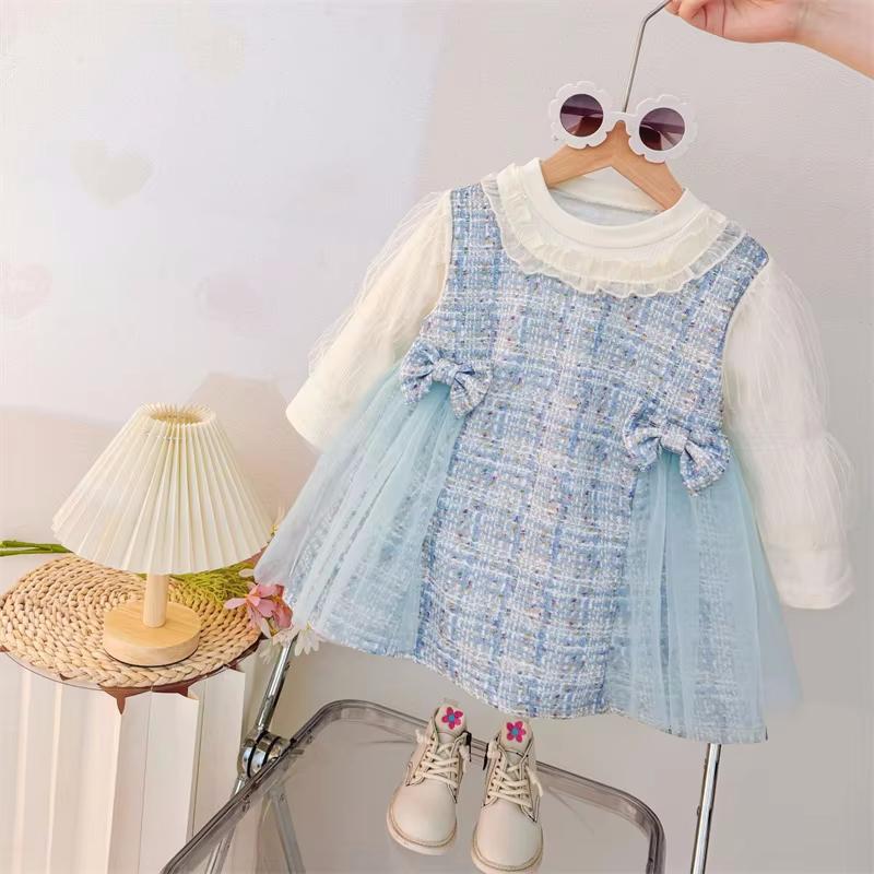 Baby Girl Princess Dress Korean Style Bow Long Sleeved Clothes Spring And Autumn New Children's Party Costumes 9 Months -3 Years