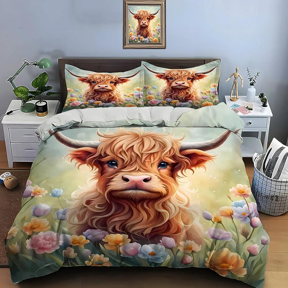 Highland Cattle Print Bedding Set Cute North American Duvet Cover 1 Duvet Cover 2 Pillowcases Adult and Kids Bedding Set Luxury