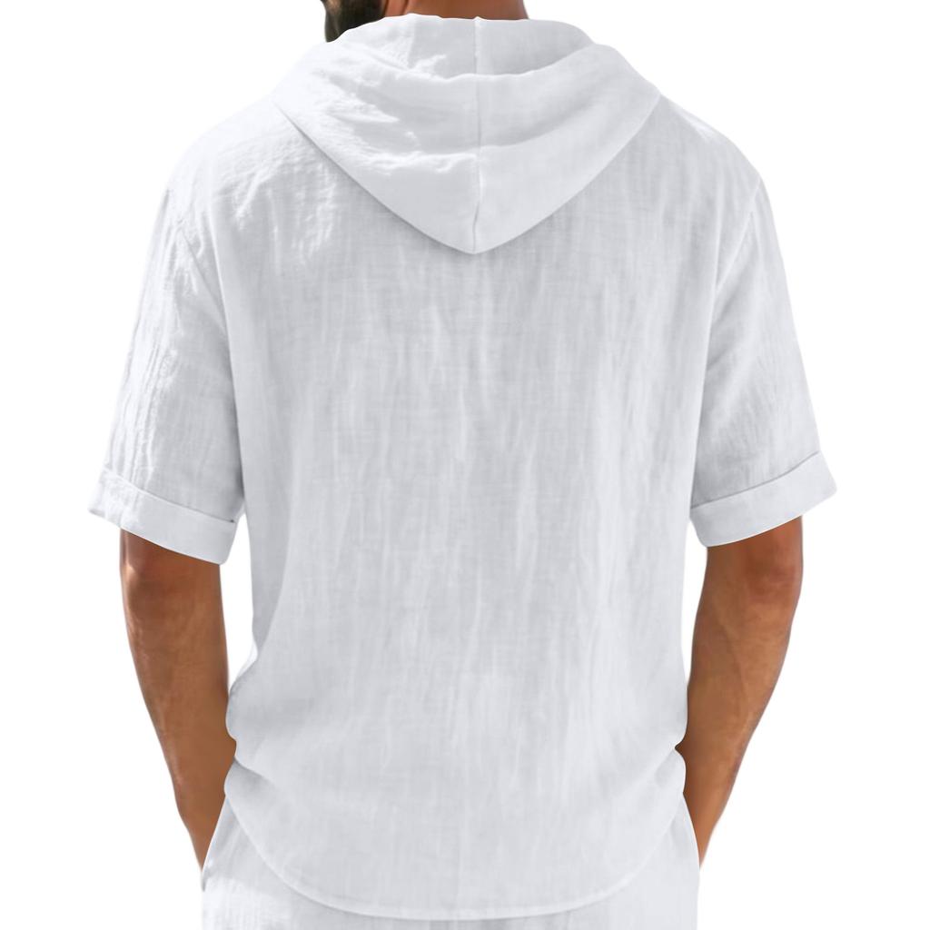 Men's Linen Hooded Short Sleeve T Shirt Lightweight Breathable Casual Summer Top Relaxed Fit Five Quarter Sleeve Pullover