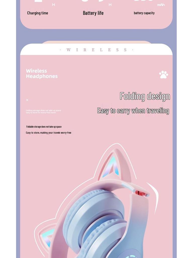 Gradient Color Bluetooth Over-Ear Headphones with LED and Card Slot for Sports