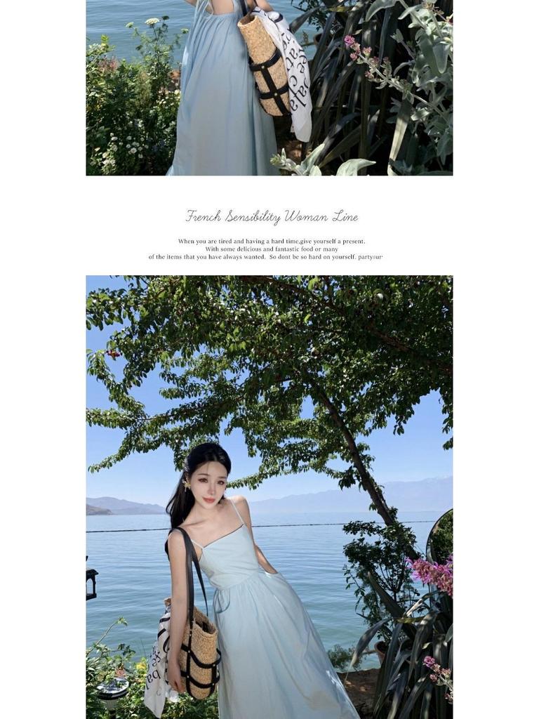 Elegant French-Style Sexy Backless Blue Spaghetti Strap A-line Beach Dress for Women