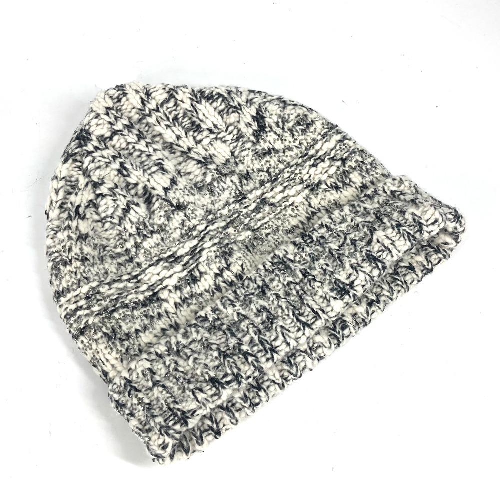 CHANEL Rhinestone beanie knit hat knit cap Knit hat Wool / Cashmere Black/White