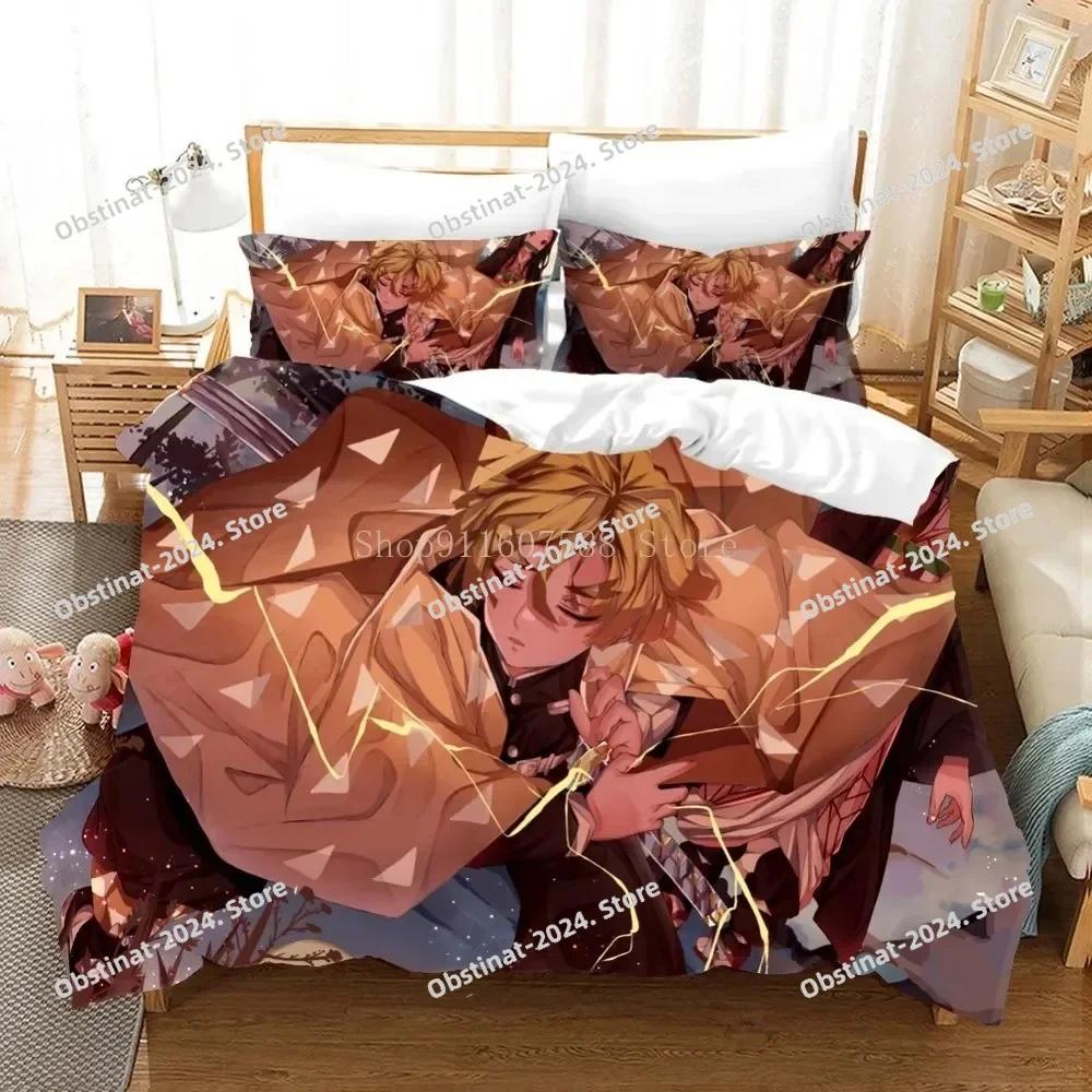 Zenitsu Agatsum Demon Slayer Bedding Sets Japan Anime Printed Bed Set Duvet Cover Pillowcase Linen Sheet Quilt Cover Full Size