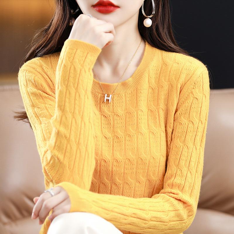 Women's 2023 Spring Cable Knit Cashmere Wool Pullover - Round Neck, Loose Fit, Long Sleeve Sweater.