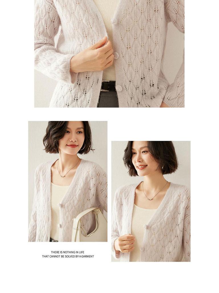 2024 Autumn/Winter Cashmere Cardigan: Button Closure, Leaf Openwork, Loose & Versatile Sweater.