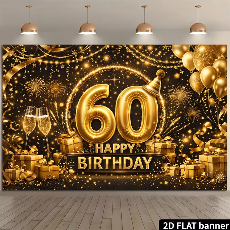 2D 60th Birthday Backdrop Black Gold Balloon and Gift Box Photography Background