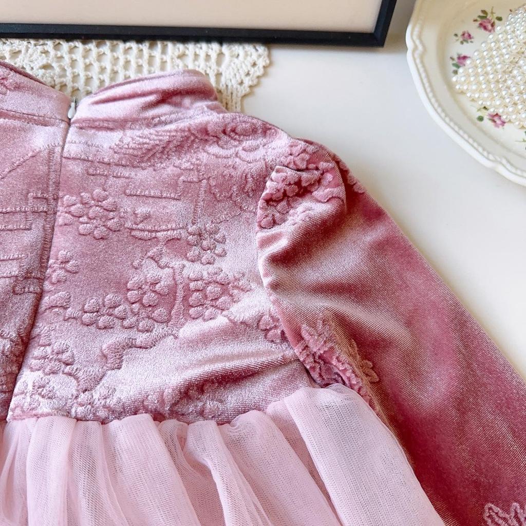 Girls' Winter Hanfu-Style Long Sleeve Mesh Dress