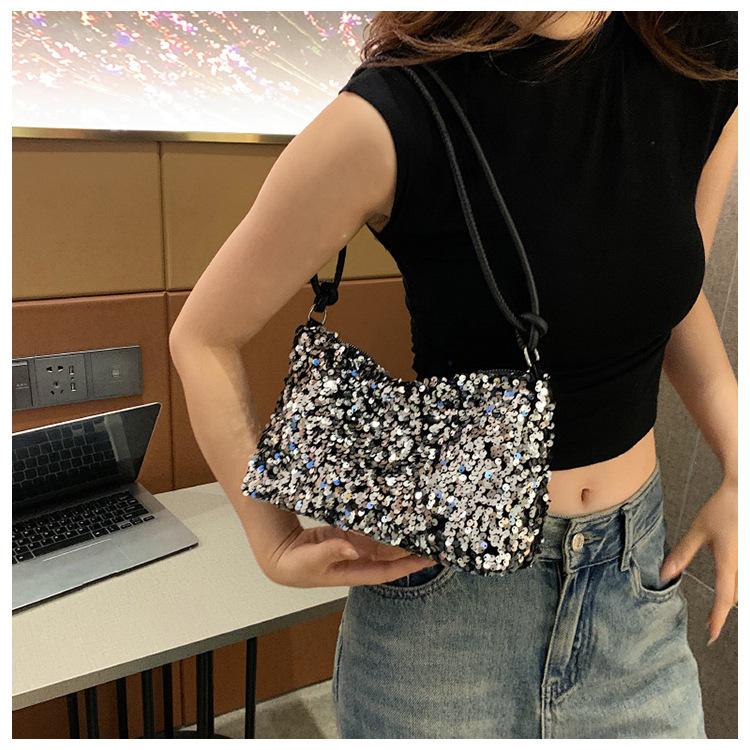 Summer New Texture Casual Foreign Sequined Shoulder Bag Personalized Ins Simple Messenger Large Capacity Baguette Bag Women's Bag