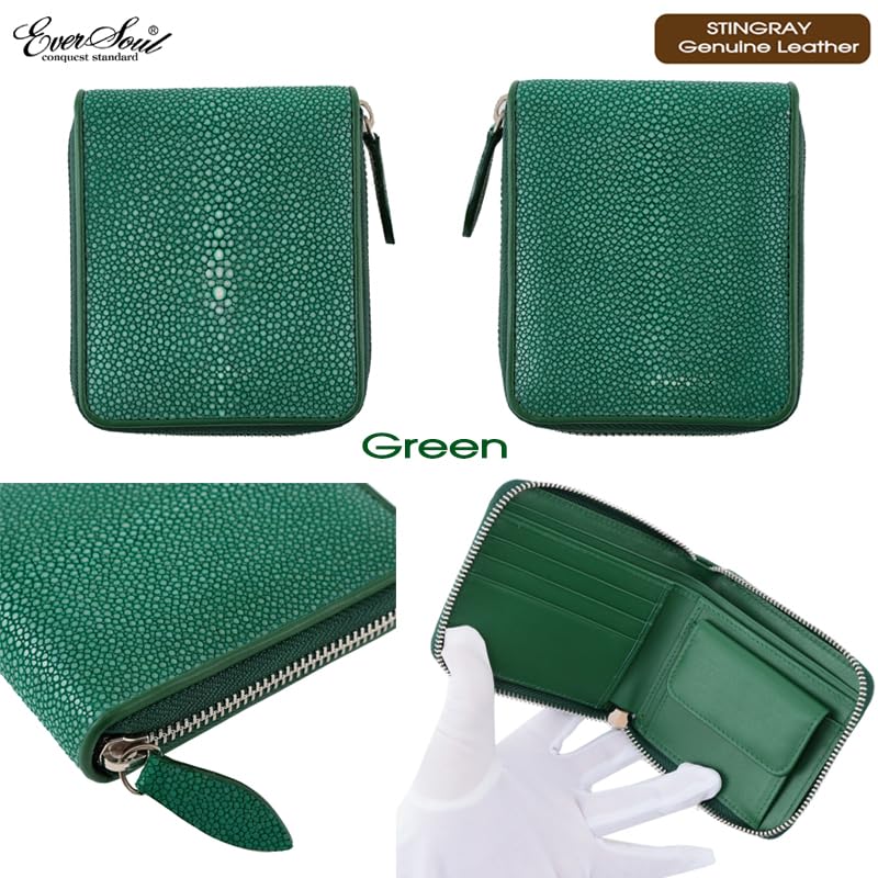 [EVERSOUL] wallet stingray leather short wallet stingray genuine leather Garusha leather cowhide short wallet coin purse card holder unisex green