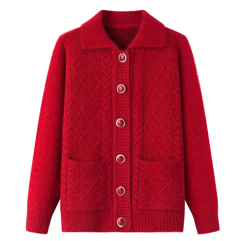Women's Spring and Autumn Lapel Knitted Jacket Middle-aged and Elderly Solid Color Comfortable Casual Sweater