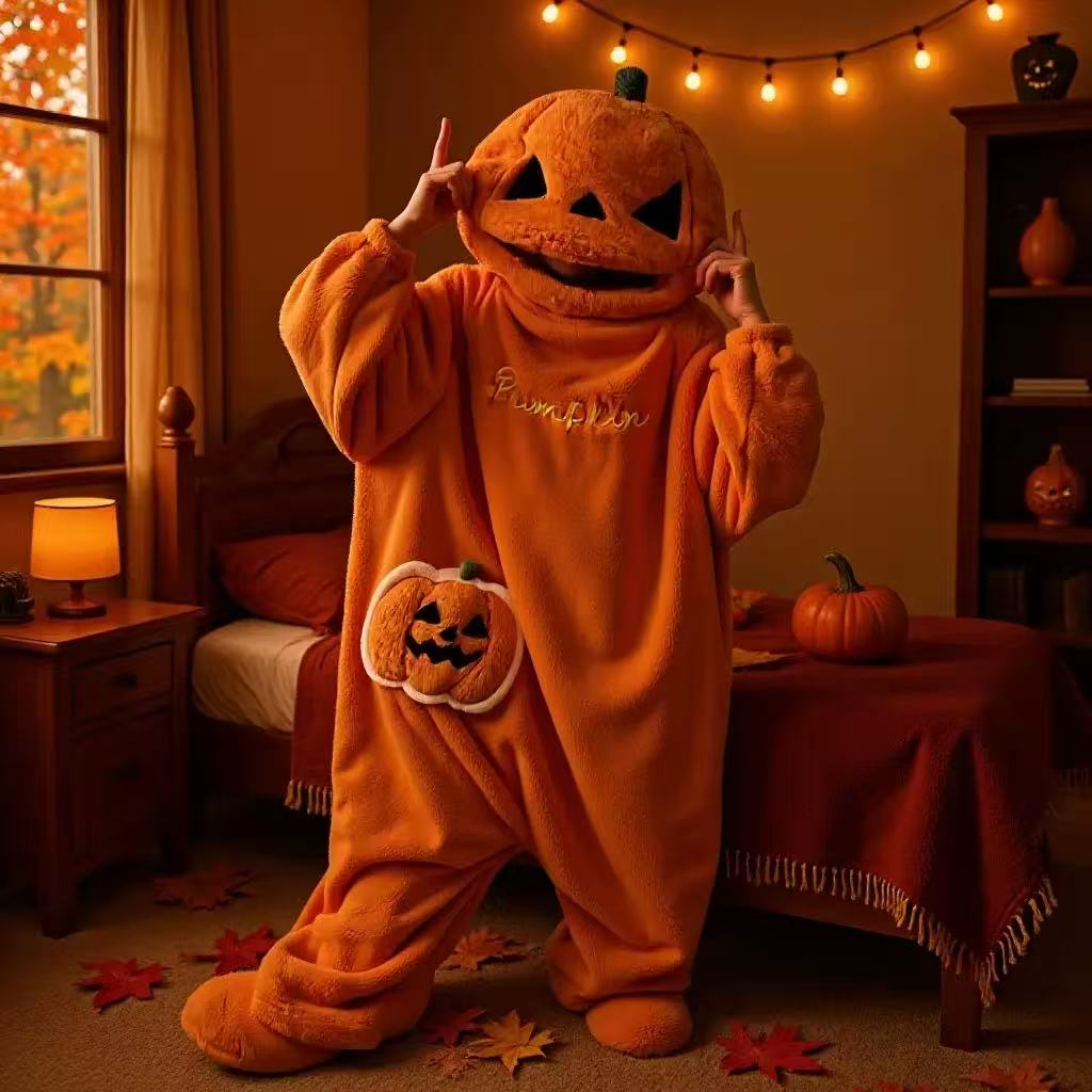 Halloween Κολοκύθα Kigurumi Γυναικείο Ολόσωμο Κιμονό Κινούμενα Σχέδια Ανδρικές Πυτζάμες Κοστούμι Cosplay Φανελένιο Ολόσωμο με Κουκούλα Πάρτι ΧΩΡΙΣ ΠΑΠΟΥΤΣΙΑ