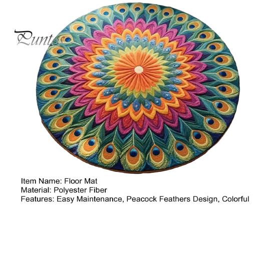 Bedroom Floor Mat Peacock Feathers Area Rug Round Feather Flower Non-Slip Living Room Decorative for Dining