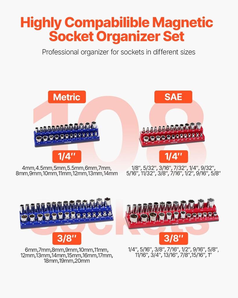 Magnetic Socket Organizer Set 4PCS Socket Trays Blue & Red for Metric SAE