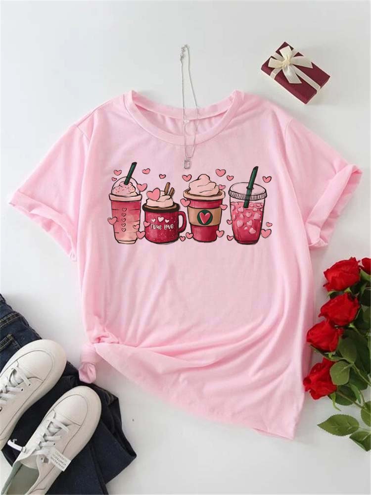 Women's T-shirt Korean Fashion Graphic Cup Print Women's Clothing T-shirts for Valentine's for Lovers Aesthetic Clothes Casual