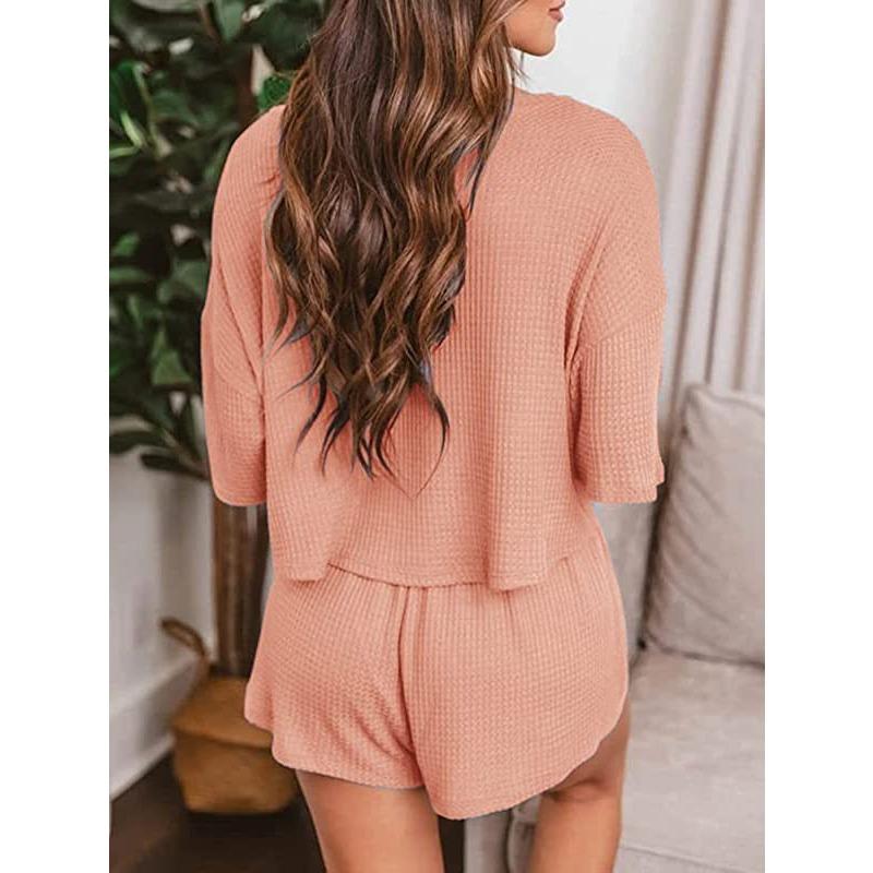 YYFS Moda dame ocazional vară primăvară culoare uni imprimeu mâneci scurte cu decolteu în V pantaloni pantaloni costume