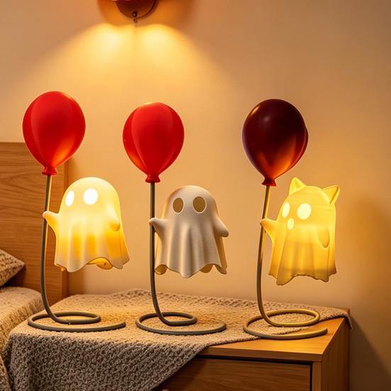 Cute Ghost Figurine with Balloon, Warm LED Ghost Night Light, Halloween Decoration for Bedroom Desk Table Centerpiece Cozy Ornament Gift