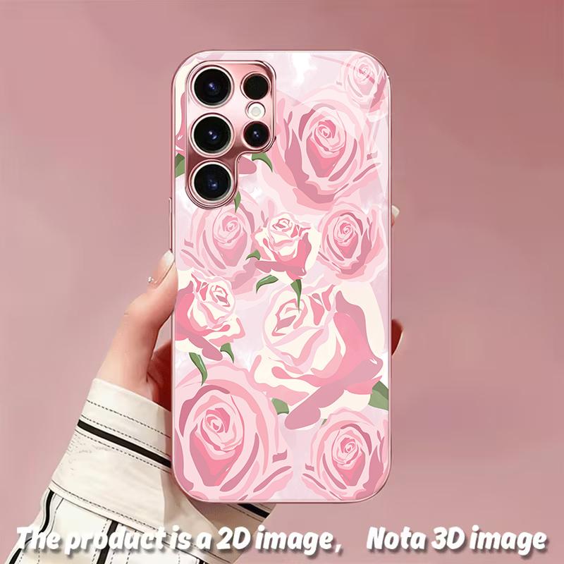 2DFlat Samsung electroplated tempered glass phone case,Pink Roses Pattern Phone CaseSuitable for Galaxy S26 S23 S24FE S25ULTRA S22 S21